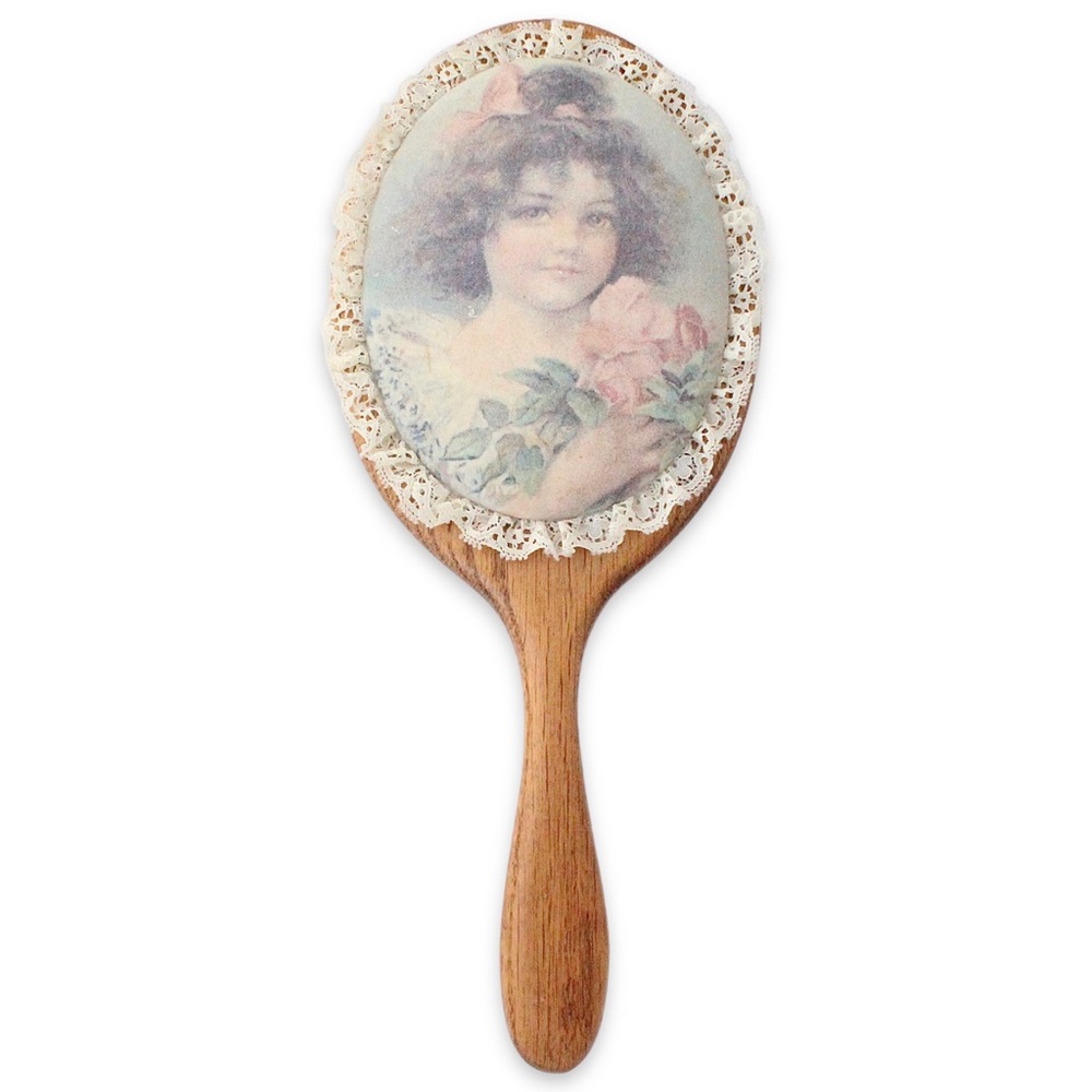 Vintage Hand Mirror Young Girl with Flowers Solid Wood Lace Victorian Revival
